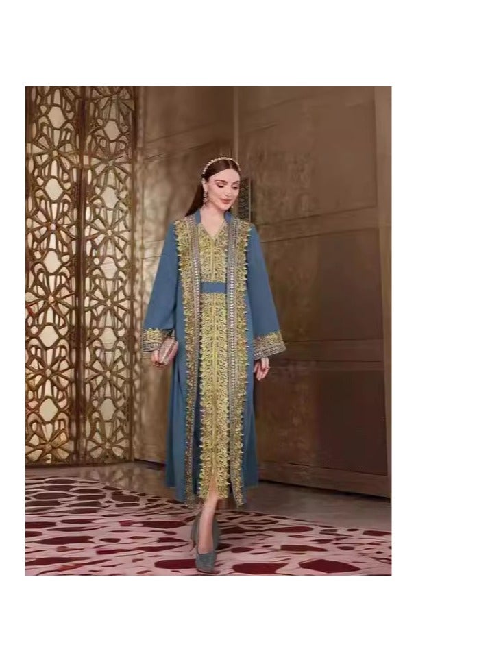 Women's Fashionable Floral Patchwork Open Front Long Sleeve abaya and Sleeveless Dress