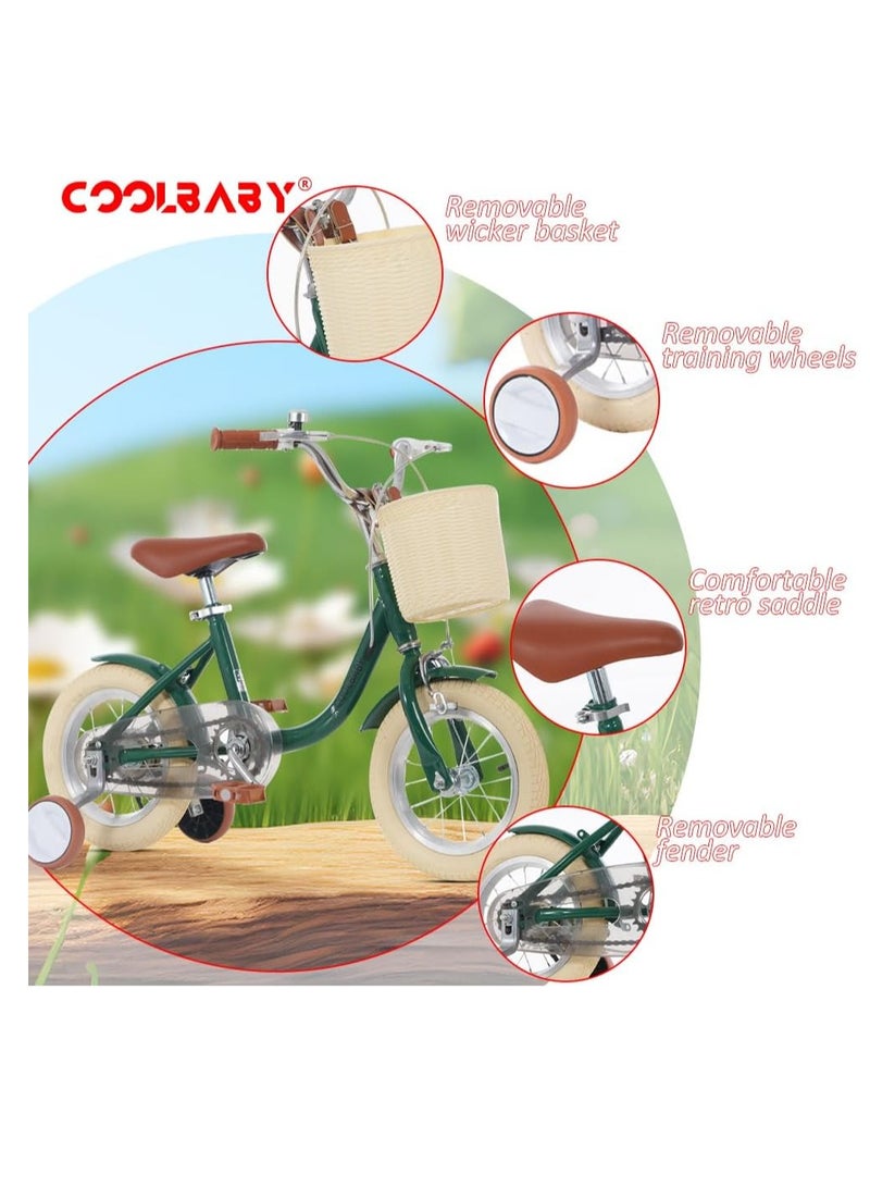 COOLBABY Princess Kids Bike for 2-5 Years Old Height Adjustable with Storage Basket and Training Wheels