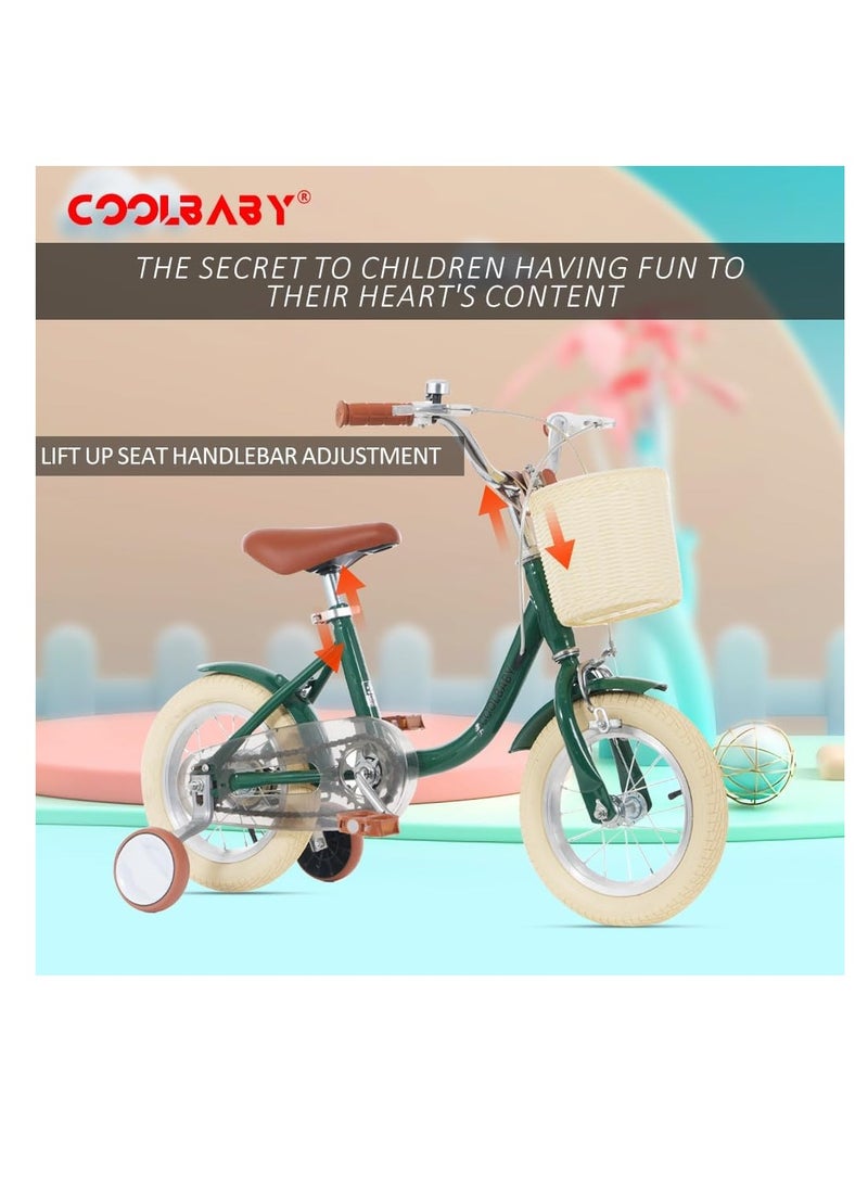 COOLBABY Princess Kids Bike for 2-5 Years Old Height Adjustable with Storage Basket and Training Wheels