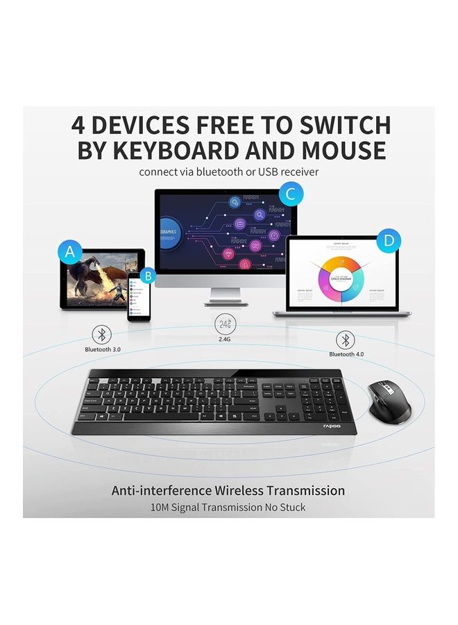 9900M Multi Mode Wireless Keyboard and Mouse Rechargeable Combo (Bluetooth 3.0/4.0/2.4G), Connect Up to 4 Devices Black