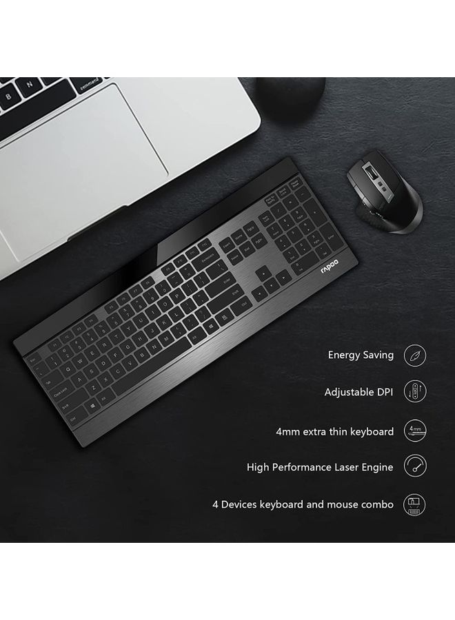 9900M Multi Mode Wireless Keyboard and Mouse Rechargeable Combo (Bluetooth 3.0/4.0/2.4G), Connect Up to 4 Devices Black