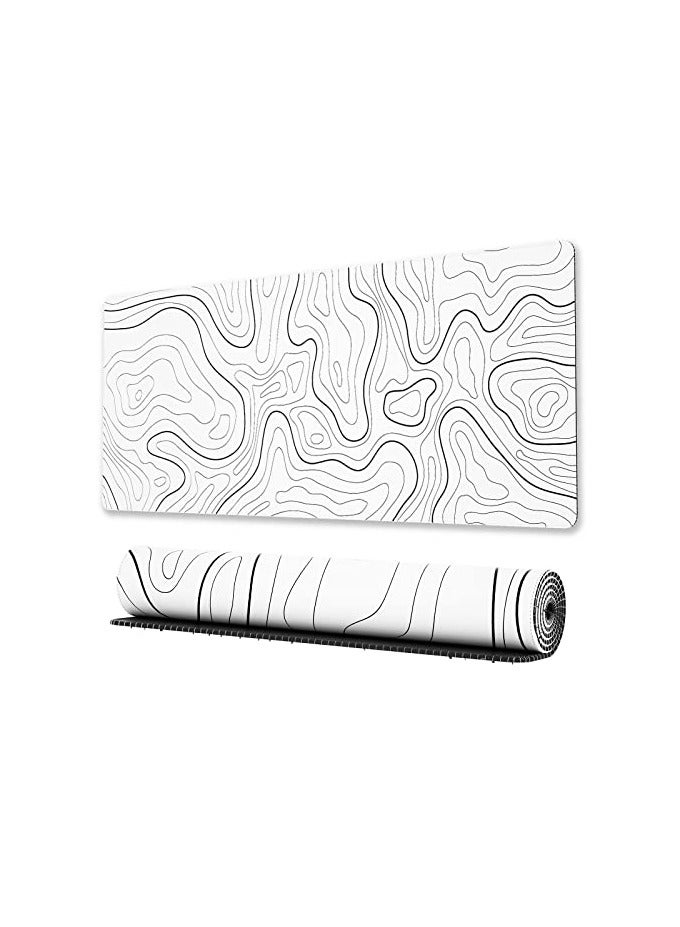 Large Gaming Mouse Pad with Stitched Edges, Minimalist Topographic Map Desk Mat, Extended XL Mousepad with Anti-Slip Base, Cool Desk Pad for Keyboard and Mouse, 31.5 x 11.8 in, White