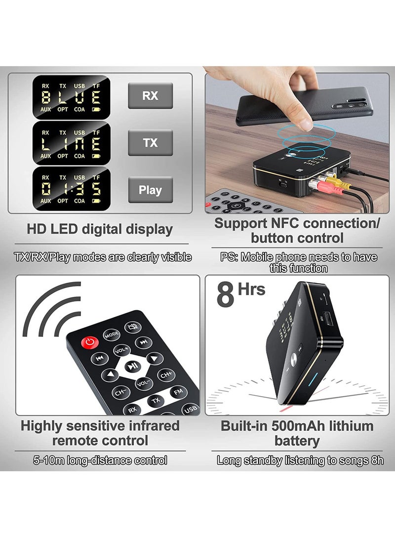 Bluetooth Audio Receiver Adapter, Bluetooth 5.0 Audio Receiver Transmitter with Remote Control/Audio Cable/Charging Cable, Audio Wireless Receiver for Sound System/Phones/Tablets/Headphone/Car