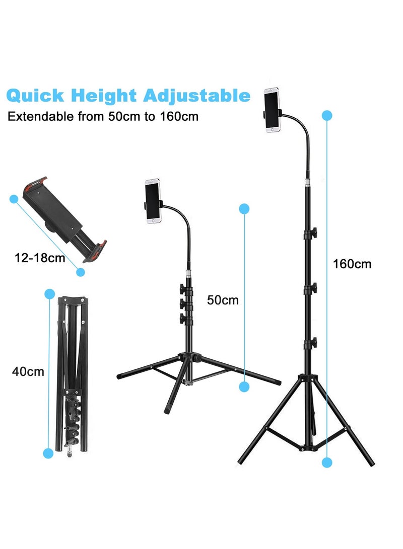 Tablet Floor Stand Adjustable iPad Tripod Holder Metal Tablet Mount with 360° Rotatable Gooseneck & 50-160cm Adjustable Height for 3.5-10.6