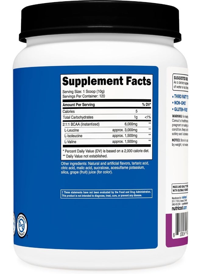 Bcaa Powder Grape, 120 Servings - Gluten Free, Non-Gmo, Vegetarian, Optimal 2:1:1 Ratio