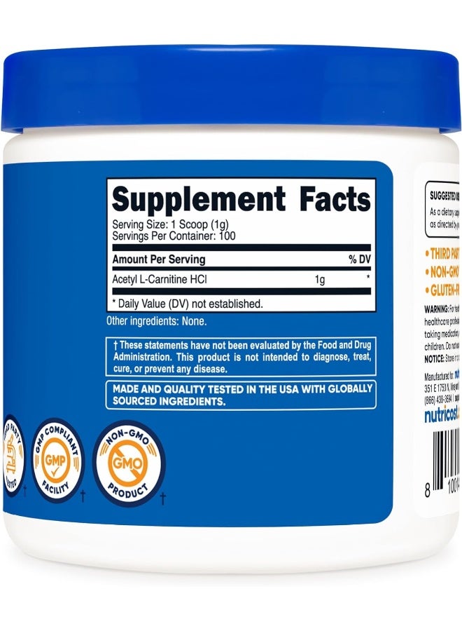 Acetyl L-Carnitine Alcar 100 Gms - 100 Servings - 1000Mg Per Serving - Pure Acetyl L-Carnitine Powder - Cognitive Enhancer - Boost Your Brain Power