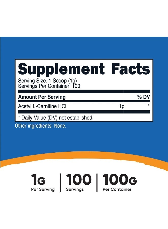 Acetyl L-Carnitine Alcar 100 Gms - 100 Servings - 1000Mg Per Serving - Pure Acetyl L-Carnitine Powder - Cognitive Enhancer - Boost Your Brain Power