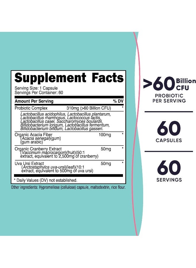 Probiotic For Women 60 Billion Cfu, 60 Capsules, Complex With Acacia Fiber, Uva Ursi, And Cranberry Extract - Non-Gmo And Gluten Free