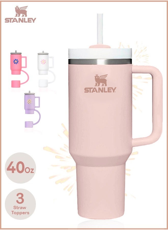 Stanley Quencher H2.0 Flow State 40oz Rose Gold Stainless Steel Vacuum Insulated Tumbler with Lid, 2 Straw and 3 Straw Stoppers for Water and Iced Tea, Cold Retention in Pack of 1 & 2