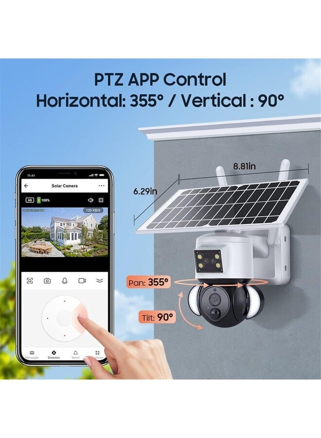 Solar Powered Dual Lens PTZ Camera 4G, 15000mAh Rechargeable Battery, Smart Camera with Alexa Voice Control, 5dbi Dual Antennas, White