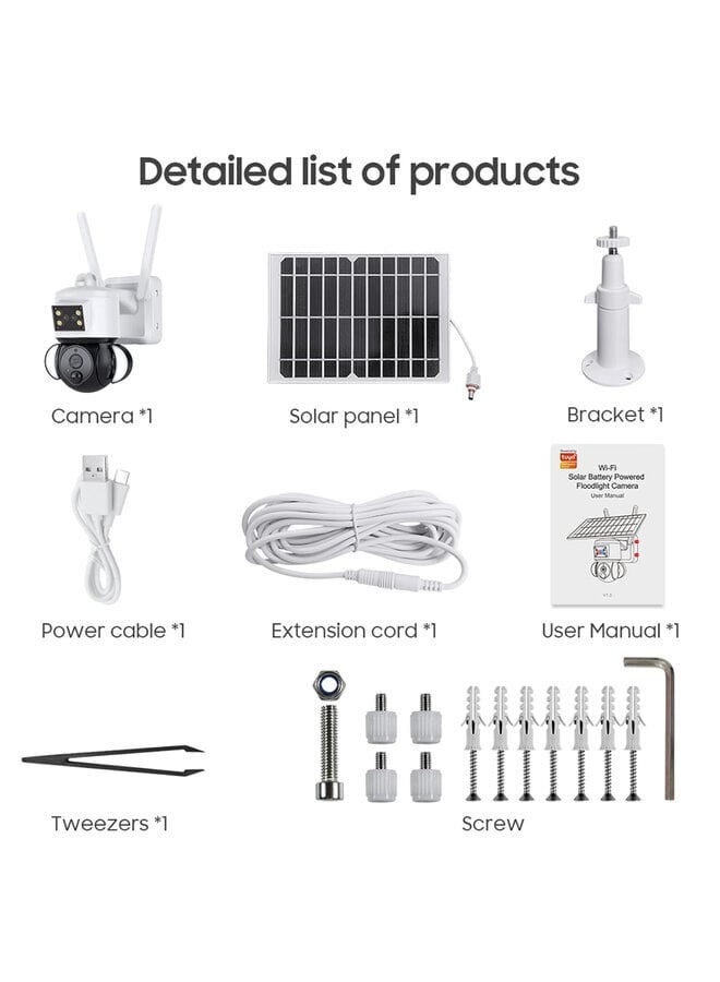 Solar Powered Dual Lens PTZ Camera 4G, 15000mAh Rechargeable Battery, Smart Camera with Alexa Voice Control, 5dbi Dual Antennas, White