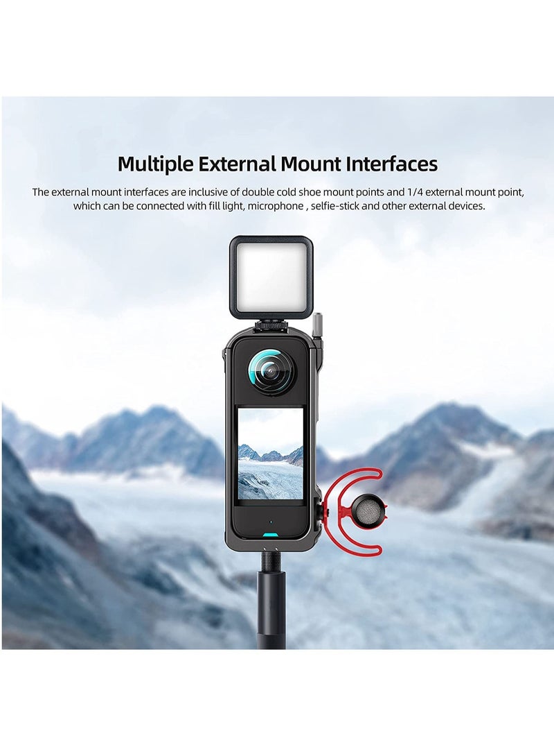Aluminum Protective Cage for Insta360 ONE X3, Lightweight 45g Metal Housing with Cold Shoe Mount for Enhanced Durability and Versatile Mounting Options.