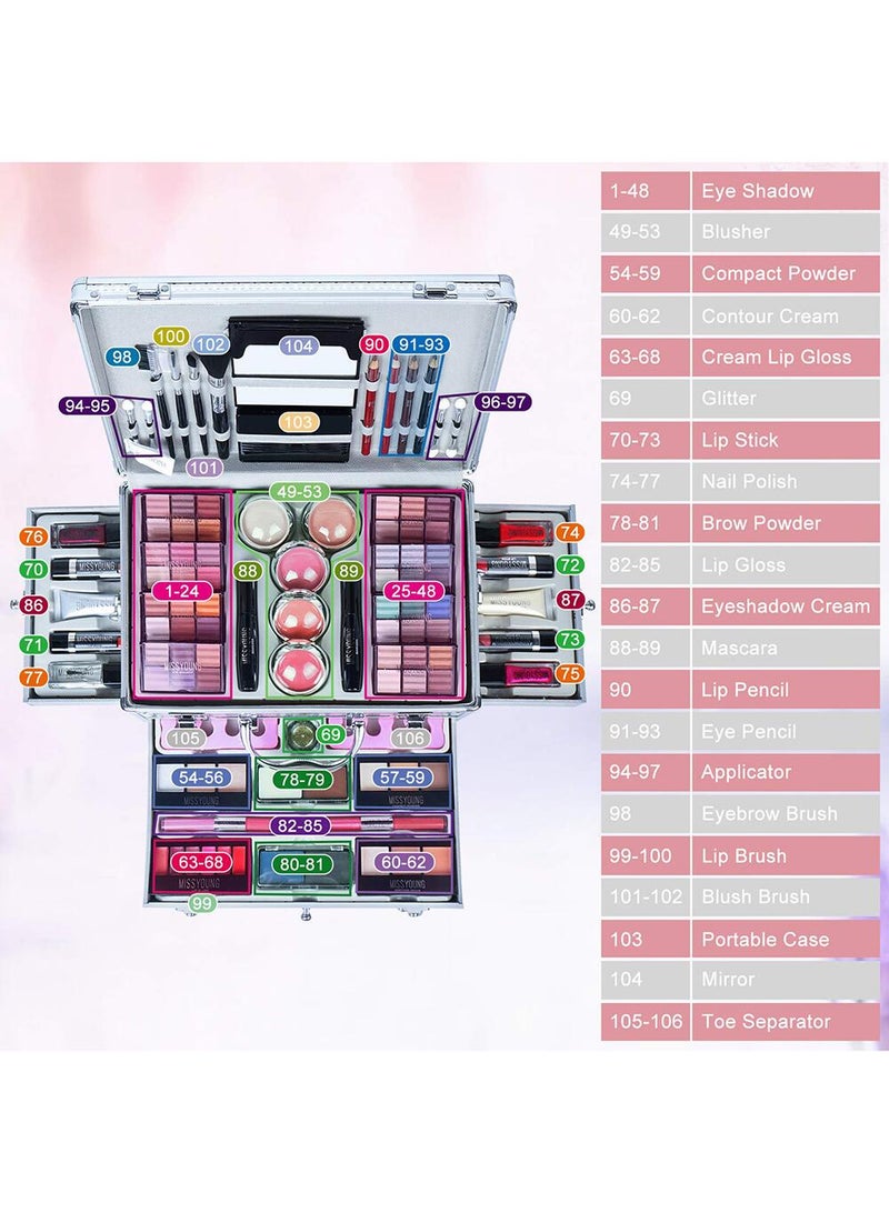 Professional Multifunctional Makeup Kit 106pcs Makeup Tools Eyeshadow Lipstick Mascara Lip Liner Makeup Brush Makeup Artist Makeup Box For Women Full Kit