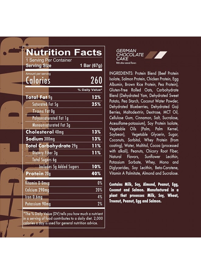 REDCON1 MRE Protein Bar, German Chocolate Cake - Contains MCT Oil + 20g of Whole Food Protein - Easily Digestible, Macro Balanced Low Sugar Meal Replacement Bar (12 Bars)