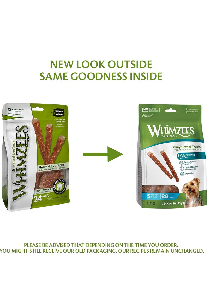 Whimzees Natural Grain Free Dental Dog Treats, Veggie SaUSage, 24 + 4 Pieces