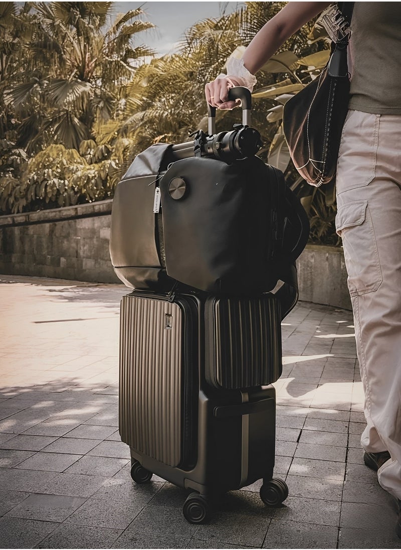 Skycare Black Airline-Approved PC Carry-On Luggage - Lightweight Hardside Spinner Suitcase with TSA Lock, USB Charging, Front Pocket, and Cup Holder