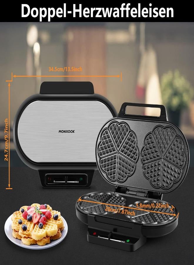 Waffle iron for cake, 1200 W waffles waffle iron, two, double non-stick coating, waffle maker, waffle iron for classic heart waffles, black