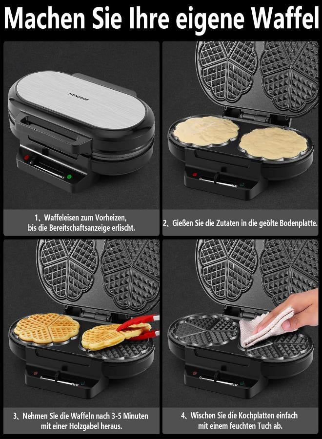 Waffle iron for cake, 1200 W waffles waffle iron, two, double non-stick coating, waffle maker, waffle iron for classic heart waffles, black