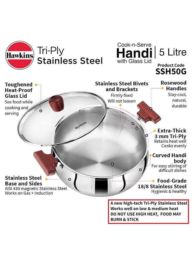 Hawkins 5 L Cook N Serve Handi With Glass Lid, Induction Compatible Tri-Ply Stainless Steel Cookware, Cooking Pot, Saucepan (Ssh50G)