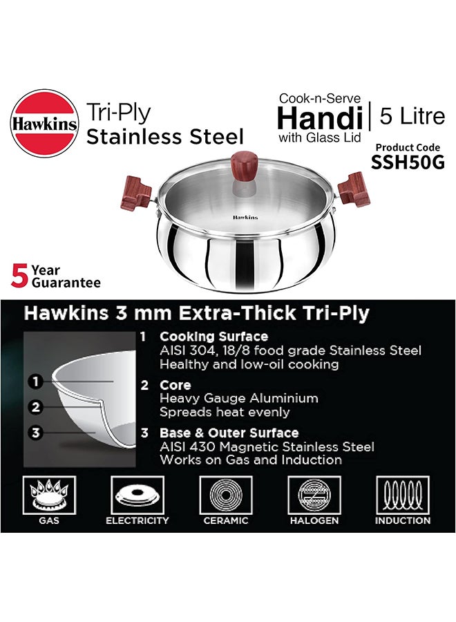 Hawkins 5 L Cook N Serve Handi With Glass Lid, Induction Compatible Tri-Ply Stainless Steel Cookware, Cooking Pot, Saucepan (Ssh50G)