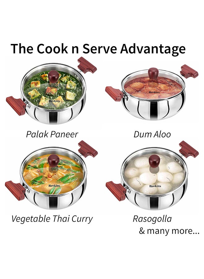 Hawkins 5 L Cook N Serve Handi With Glass Lid, Induction Compatible Tri-Ply Stainless Steel Cookware, Cooking Pot, Saucepan (Ssh50G)