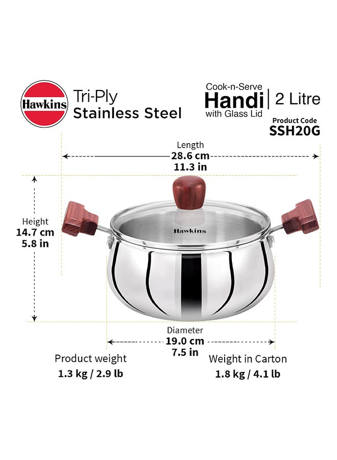 Hawkins 2 L Cook N Serve Handi With Glass Lid, Induction Compatible Tri-Ply Stainless Steel Cookware, Cooking Pot, Saucepan (Ssh20G)