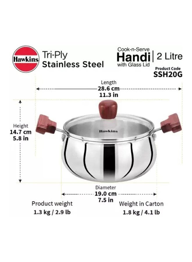 Hawkins 2 L Cook N Serve Handi With Glass Lid, Induction Compatible Tri-Ply Stainless Steel Cookware, Cooking Pot, Saucepan (Ssh20G)