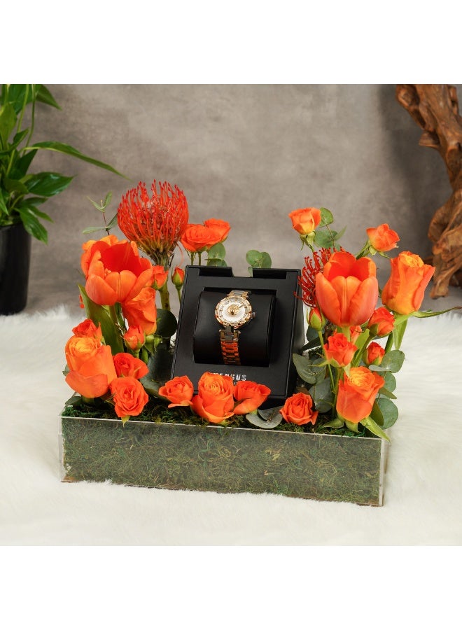 Beautiful Gift Arrangment Of Fresh Fresh Flowers With Golden Versus Versace Watch For Her