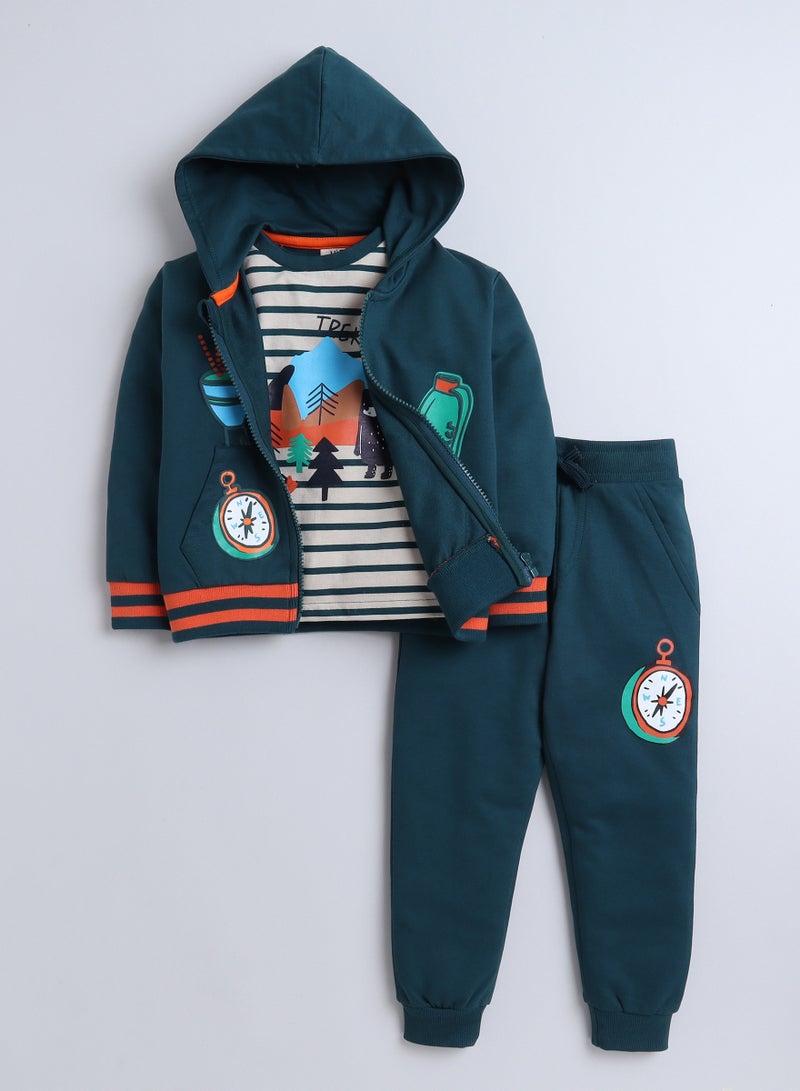 Boys' 3-Piece Set - Stripe Long tee, Dark Green fullzipper Hoody Jacket and Dark Green Jogger sets ,