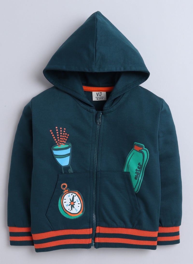 Boys' 3-Piece Set - Stripe Long tee, Dark Green fullzipper Hoody Jacket and Dark Green Jogger sets ,
