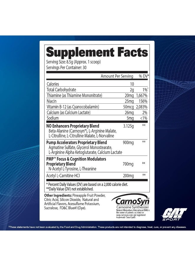 GAT Sport PMP (Peak Muscle Performance), Pre-Workout, 30 Servings (Blue Raspberry (Stim-Free))