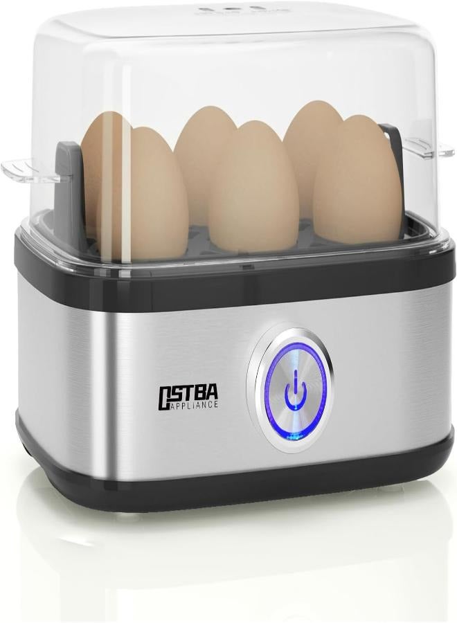 Rapid Egg Boiler, 400W Compact Egg Cooker Multi-Functional, 6-Eggs Easy to Peel, Soft, Medium, Hard Boiled, Poacher, Omelet Maker, Steamer, Buzzer, Indicator light, Stainless Steel