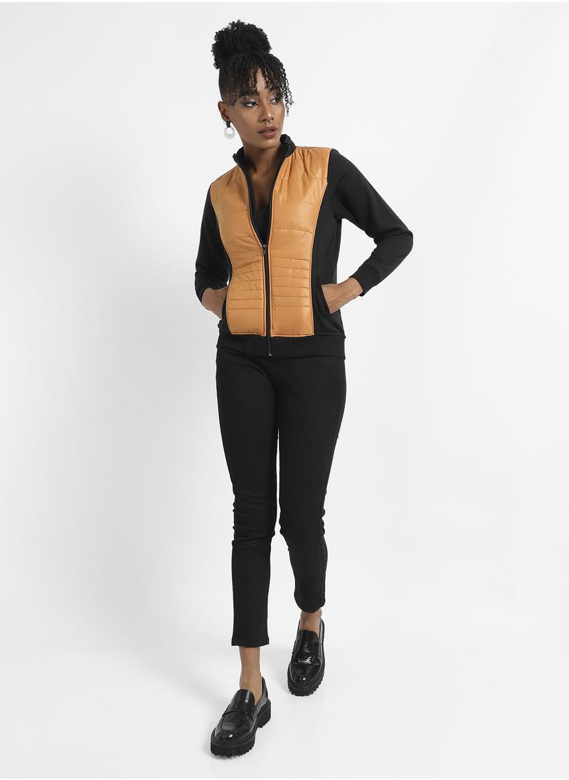 Women's Black &  Mustard Yellow Zip-Front Jacket With Quilted Details