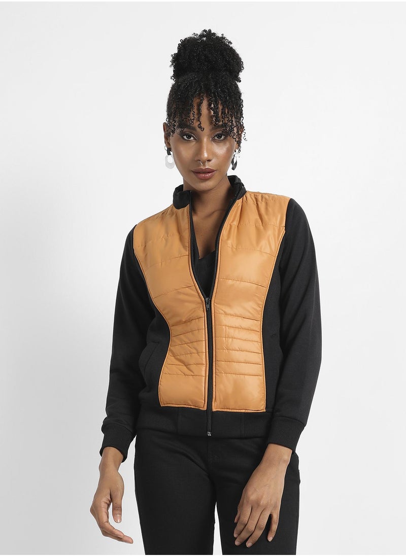 Women's Black &  Mustard Yellow Zip-Front Jacket With Quilted Details