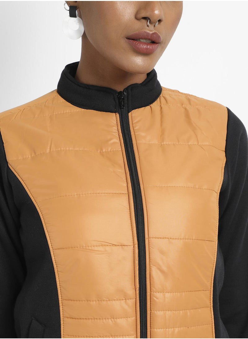 Women's Black &  Mustard Yellow Zip-Front Jacket With Quilted Details