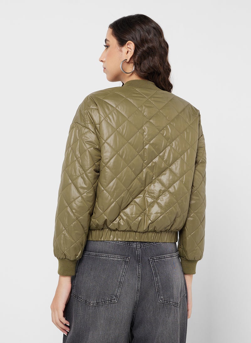 Quilted PU Leather Bomber Jacket