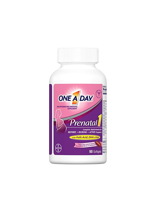 One A Day Women's Prenatal 1 Multivitamin, Supplement for Before, During, and Post Pregnancy, Including Vitamins A, C, D, E, B6, B12, and Omega-3 DHA, 90 Count