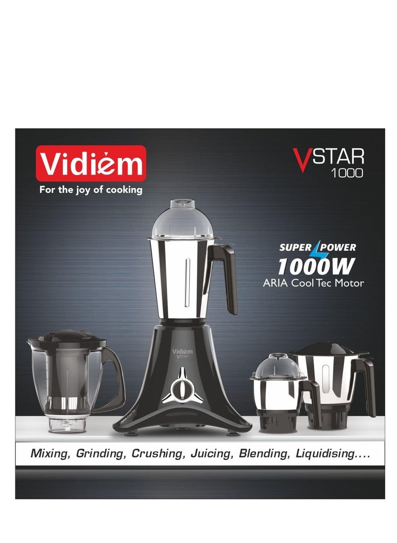 Vidiem mixer grinder 618 A VSTAR 1000 watt (Black) with three leakproof jars and 1 juicer mixer grinder, self-lock for wet and dry spices, chutneys and curries