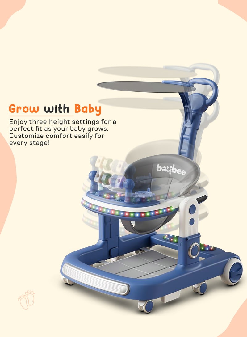 Baybee 2 in 1 Baby Walker for Kids, Baby Push Walker with Adjustable Height, Footmat, Canopy, Foldable Kids Walker with Tray, Musical Toy & Light Toddler Walker for Baby 6-18 Months Boy Girl Blue