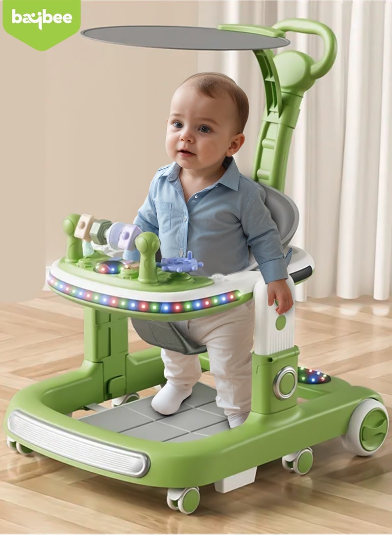 Baybee 2 in 1 Baby Walker for Kids, Baby Push Walker with Adjustable Height, Footmat, Canopy, Foldable Kids Walker with Tray, Musical Toy & Light Toddler Walker for Baby 6-18 Months Boy Girl Green