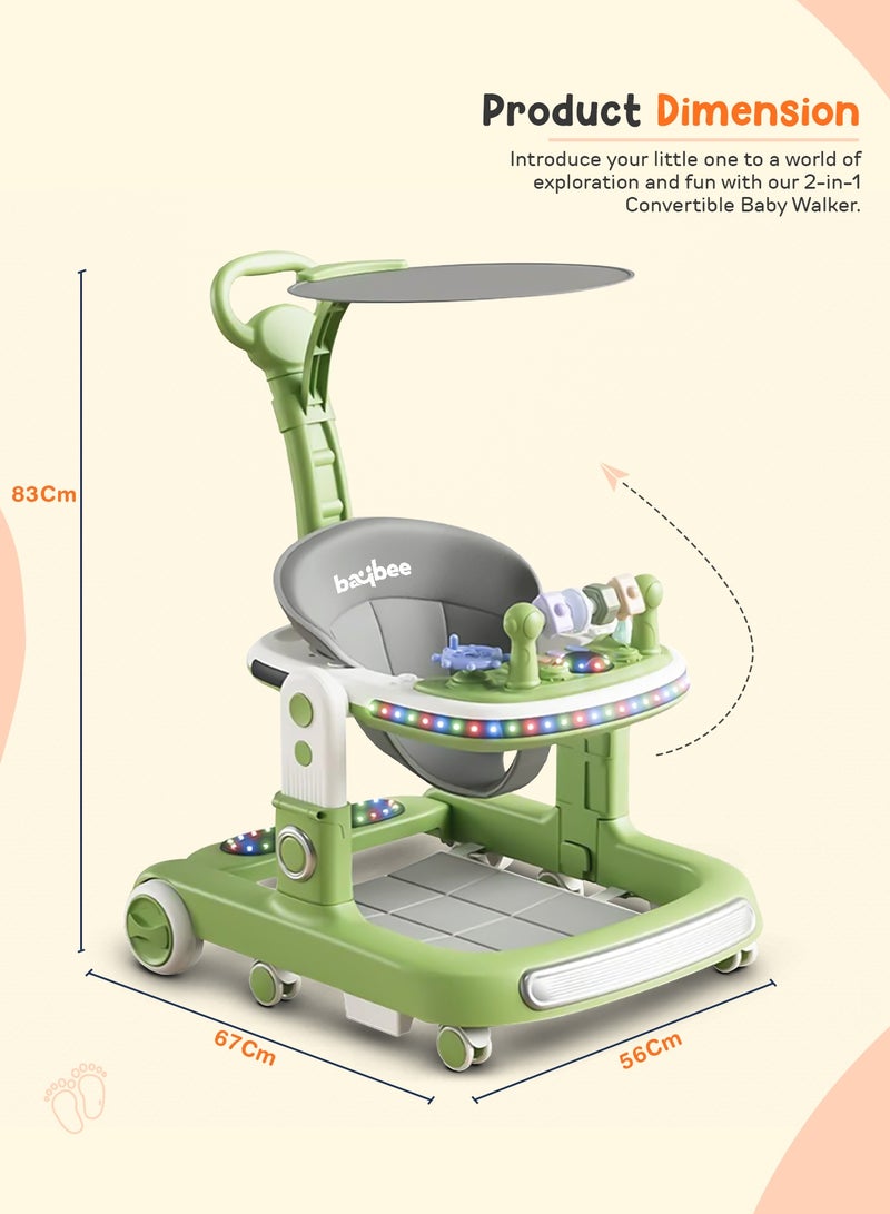 Baybee 2 in 1 Baby Walker for Kids, Baby Push Walker with Adjustable Height, Footmat, Canopy, Foldable Kids Walker with Tray, Musical Toy & Light Toddler Walker for Baby 6-18 Months Boy Girl Green