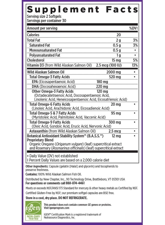 New Chapter Fish Oil Supplement - Wholemega Wild Alaskan Salmon Oil with Omega-3 + Vitamin D3 + Astaxanthin + Sustainably Caught - 60 Count