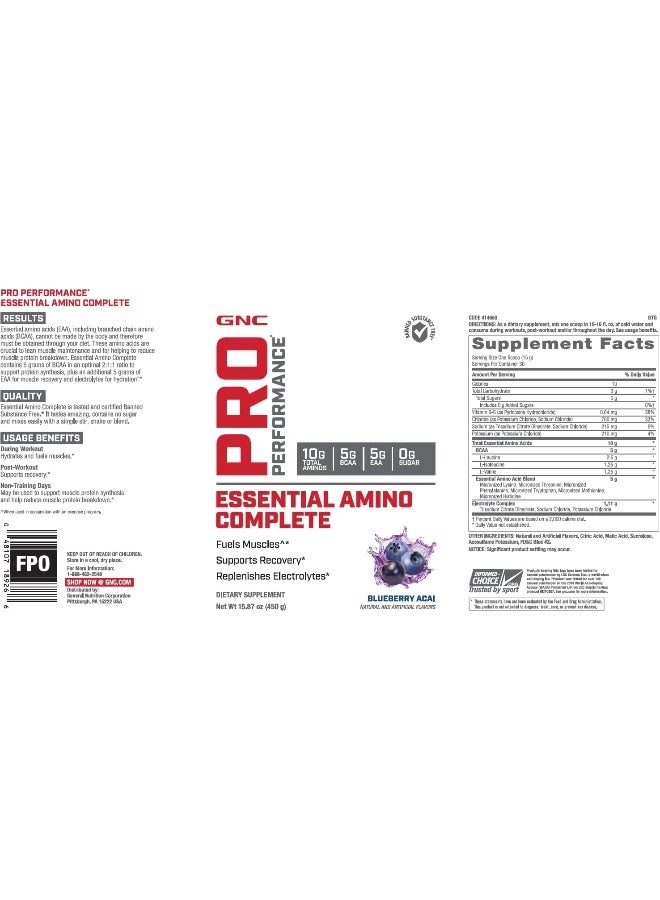 GNC Pro Performance Essential Amino Complete, Blueberry Acai, 15.87 oz., Supports Muscle Recovery