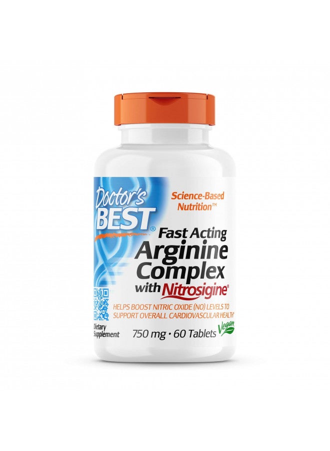 Doctor's Best Fast Acting Arginine Complex w/Nitrosigine, Boost Nitric Oxide, Blood Flow & Vessel Flexibility, Non-GMO, Vegan, Gluten Free, 750mg, White (DRB-00406), Tablet, 60 count