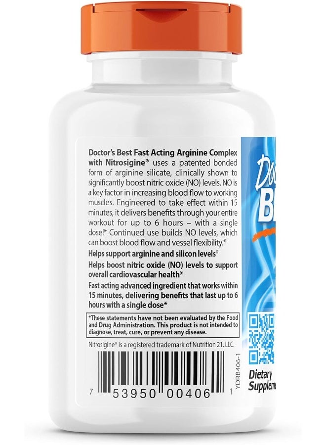 Doctor's Best Fast Acting Arginine Complex w/Nitrosigine, Boost Nitric Oxide, Blood Flow & Vessel Flexibility, Non-GMO, Vegan, Gluten Free, 750mg, White (DRB-00406), Tablet, 60 count