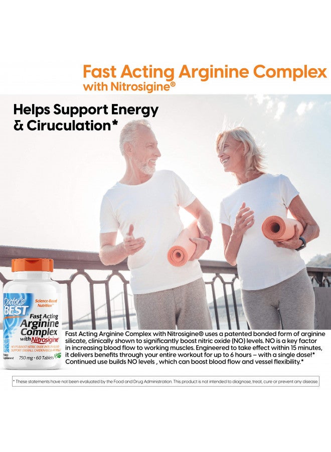Doctor's Best Fast Acting Arginine Complex w/Nitrosigine, Boost Nitric Oxide, Blood Flow & Vessel Flexibility, Non-GMO, Vegan, Gluten Free, 750mg, White (DRB-00406), Tablet, 60 count