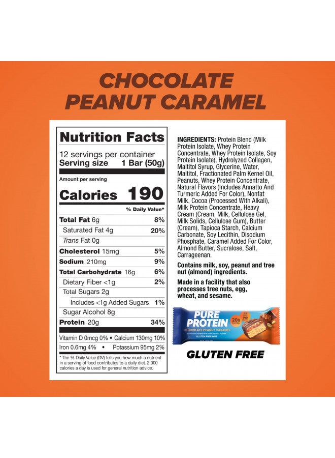 Pure Protein Bars, High Protein, Nutritious Snacks to Support Energy, Low Sugar, Gluten Free, Chocolate Peanut Caramel, 1.76oz, 12 Pack (Packaging May Vary)