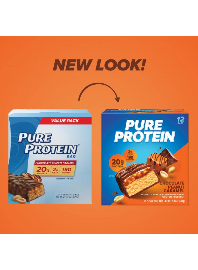 Pure Protein Bars, High Protein, Nutritious Snacks to Support Energy, Low Sugar, Gluten Free, Chocolate Peanut Caramel, 1.76oz, 12 Pack (Packaging May Vary)