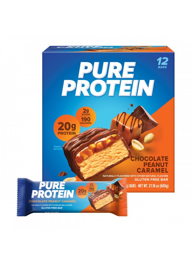 Pure Protein Bars, High Protein, Nutritious Snacks to Support Energy, Low Sugar, Gluten Free, Chocolate Peanut Caramel, 1.76oz, 12 Pack (Packaging May Vary)