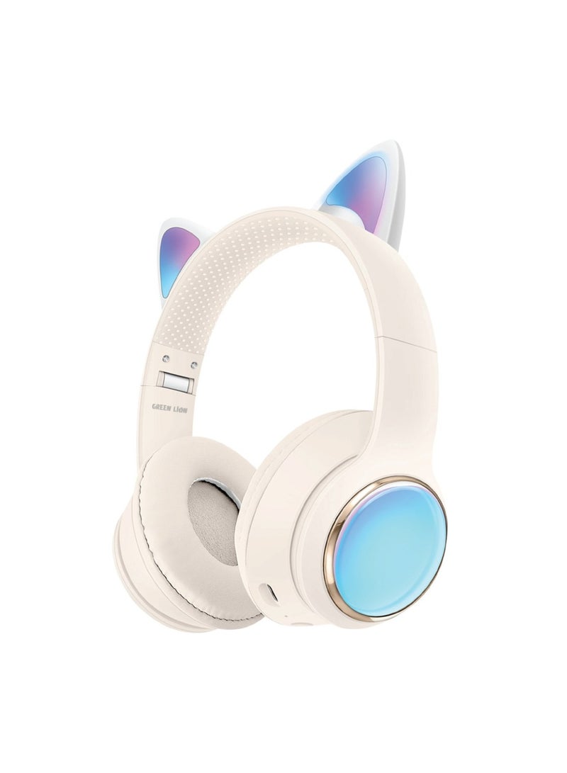 GL-400 Kids Wireless with LED Lights Headphone / Powerful 400mAh Battery / 8H Long Lasting Playing Time / Volume Limiting for Hearing Protection / Long Range 10m Bluetooth Distance / High Quality ABS+PU Material / Light Effect / Light Weight / Flashing Modes / AUX / Type C / BT5.3 / TF card - Cream